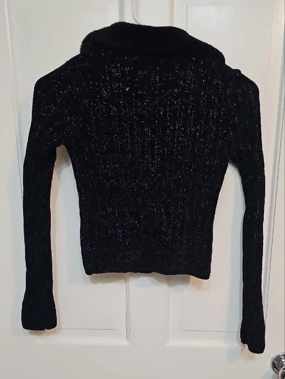 SO Black Shimmer Zip-Up Sweater with Faux-Fur Collar
